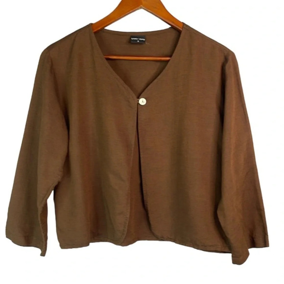 LAUREN VIDAL Linen Blend Overshirt Brown One Button Long Sleeve Collarless Small - Picture 2 of 11